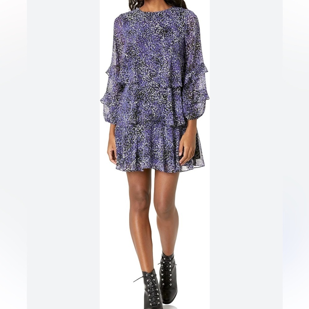 Taylor NWT tiered ruffled flowy mini dress purple black white ruffled sleeve 10
